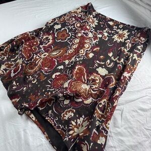 Ann Taylor Silk Chiffon Floral Skirt Brown and Burgundy Red with gold flecks